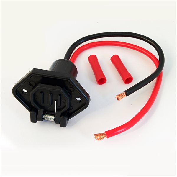 2 wire male boat side plug, 6" long wire leads, 12 volt with butt